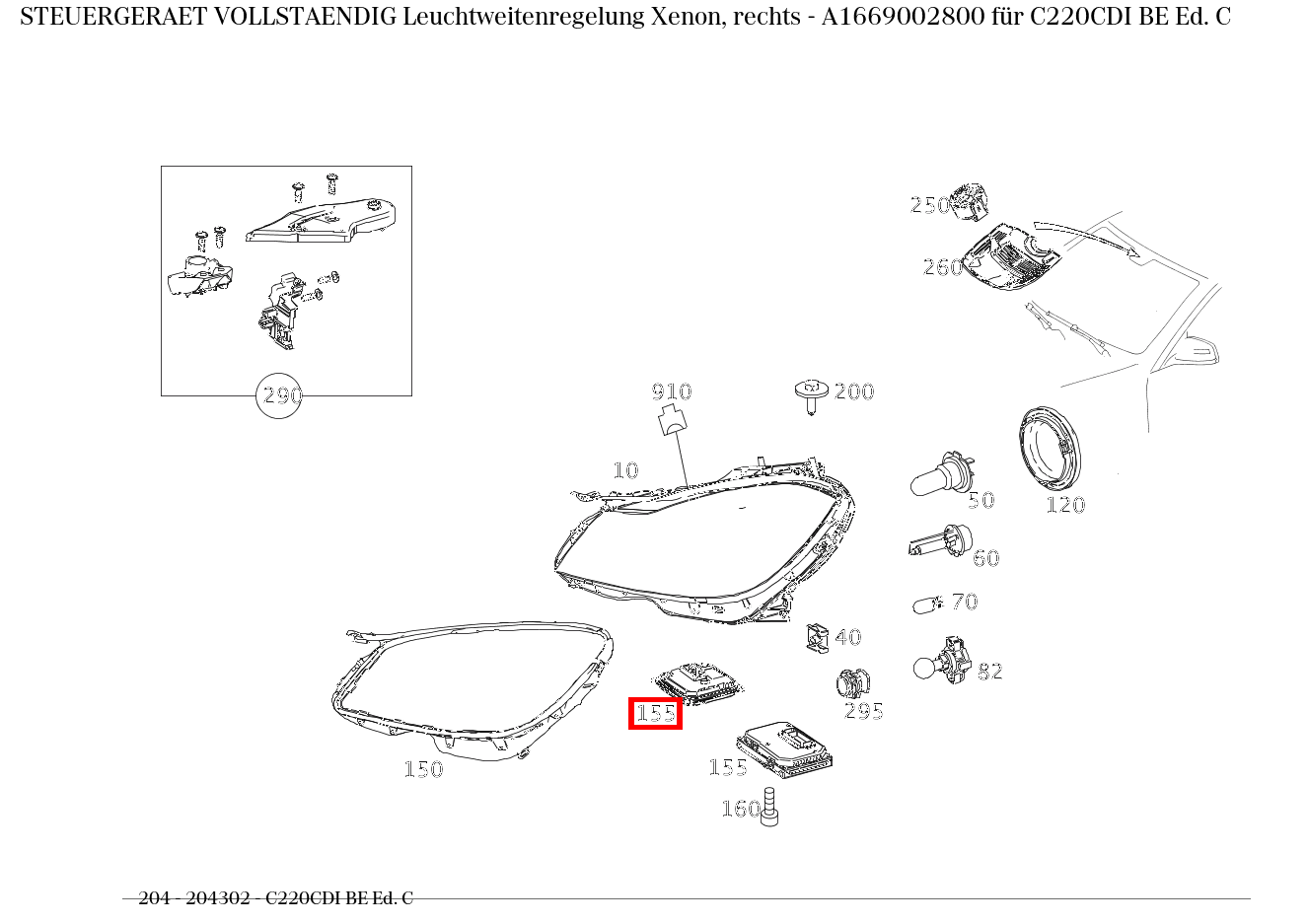 Steuergerät vollständig Leuchtweitenregelung Xenon, rechts C220CDI BE Ed. C 204