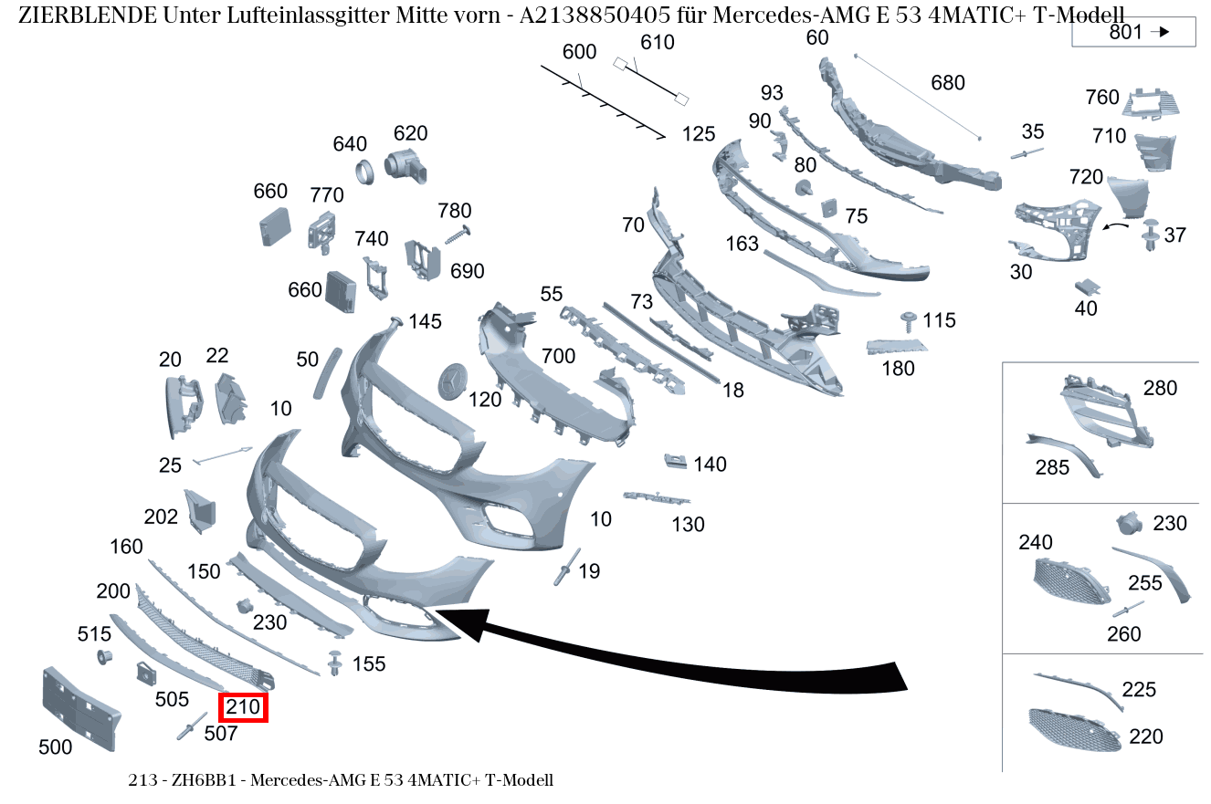 Zierblende Unter Lufteinlassgitter Mitte vorn Mercedes-AMG E 53 4MATIC+ T-Modell 213