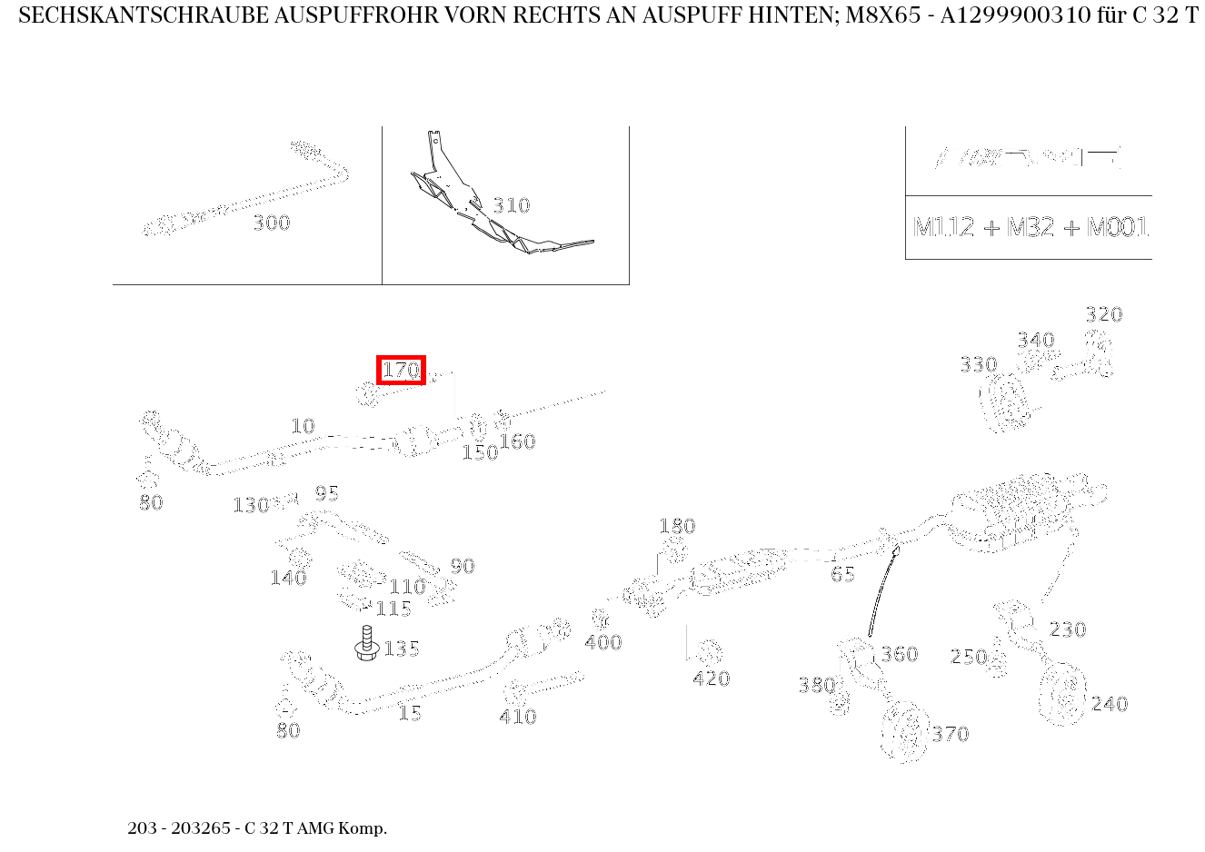 Sechskantschraube AUSPUFFROHR VORN RECHTS AN AUSPUFF HINTEN; M8X65 C 32 T AMG Komp. 203