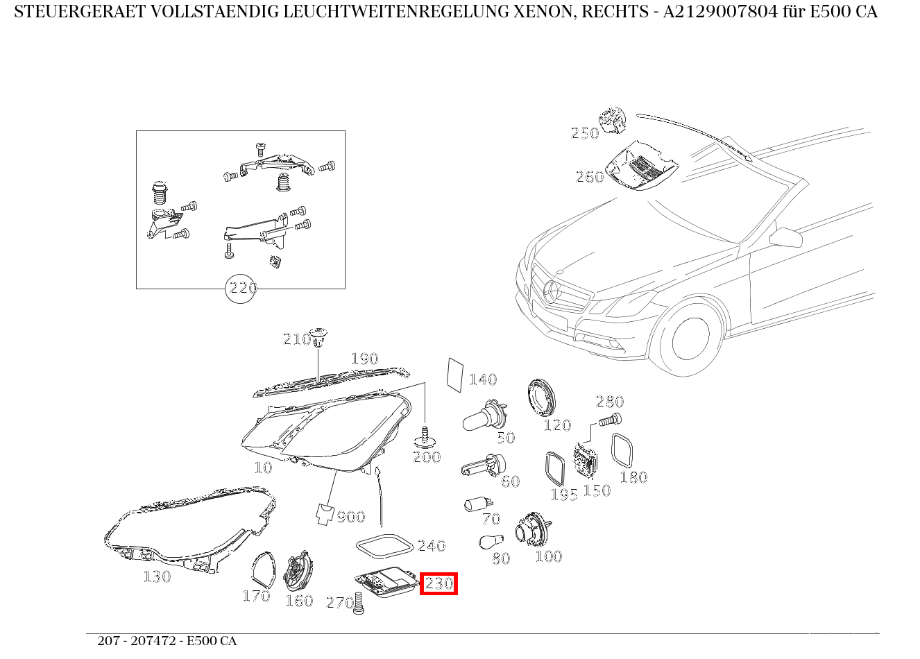 Steuergerät vollständig LEUCHTWEITENREGELUNG XENON, RECHTS E500 CA 207 Steuergerät vollständig LEUCHTWEITENREGELUNG XENON, RECHTS E500 CA 207