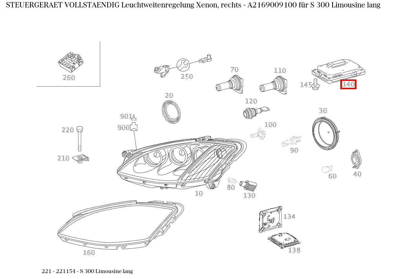 Steuergerät vollständig Leuchtweitenregelung Xenon, rechts S 300 Limousine lang 221 Steuergerät vollständig Leuchtweitenregelung Xenon, rechts S 300 Limousine lang 221