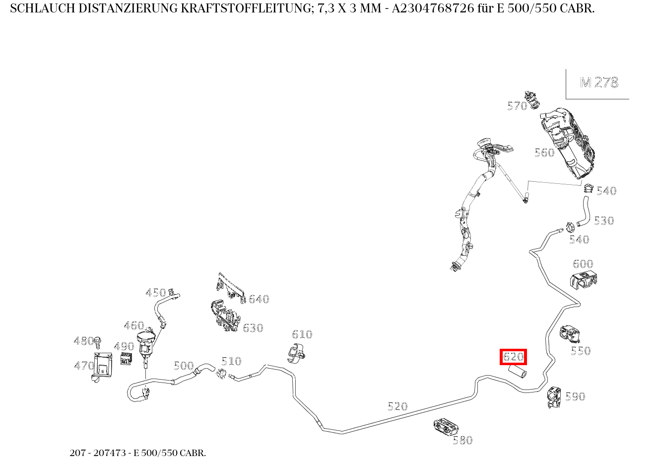 Schlauch DISTANZIERUNG KRAFTSTOFFLEITUNG; 7,3 X 3 MM E 500/550 CABR. 207