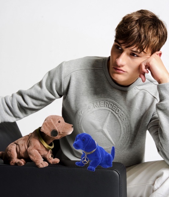 Zu sehen sind ein sittzender junger Mann in hellgrauem Mercedes-Benz Sweatshirt und vor ihm die Mercedes Wackeldackel in klassisch braun und eine kleinere Version in blau.