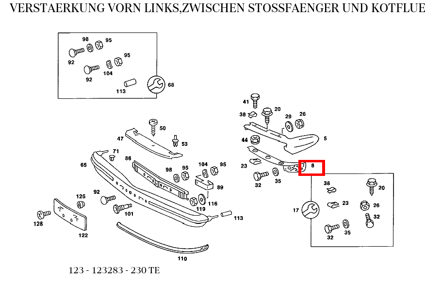 Verstärkung VORN LINKS,ZWISCHEN STOSSFAENGER UND KOTFLUEGEL 230 TE 123