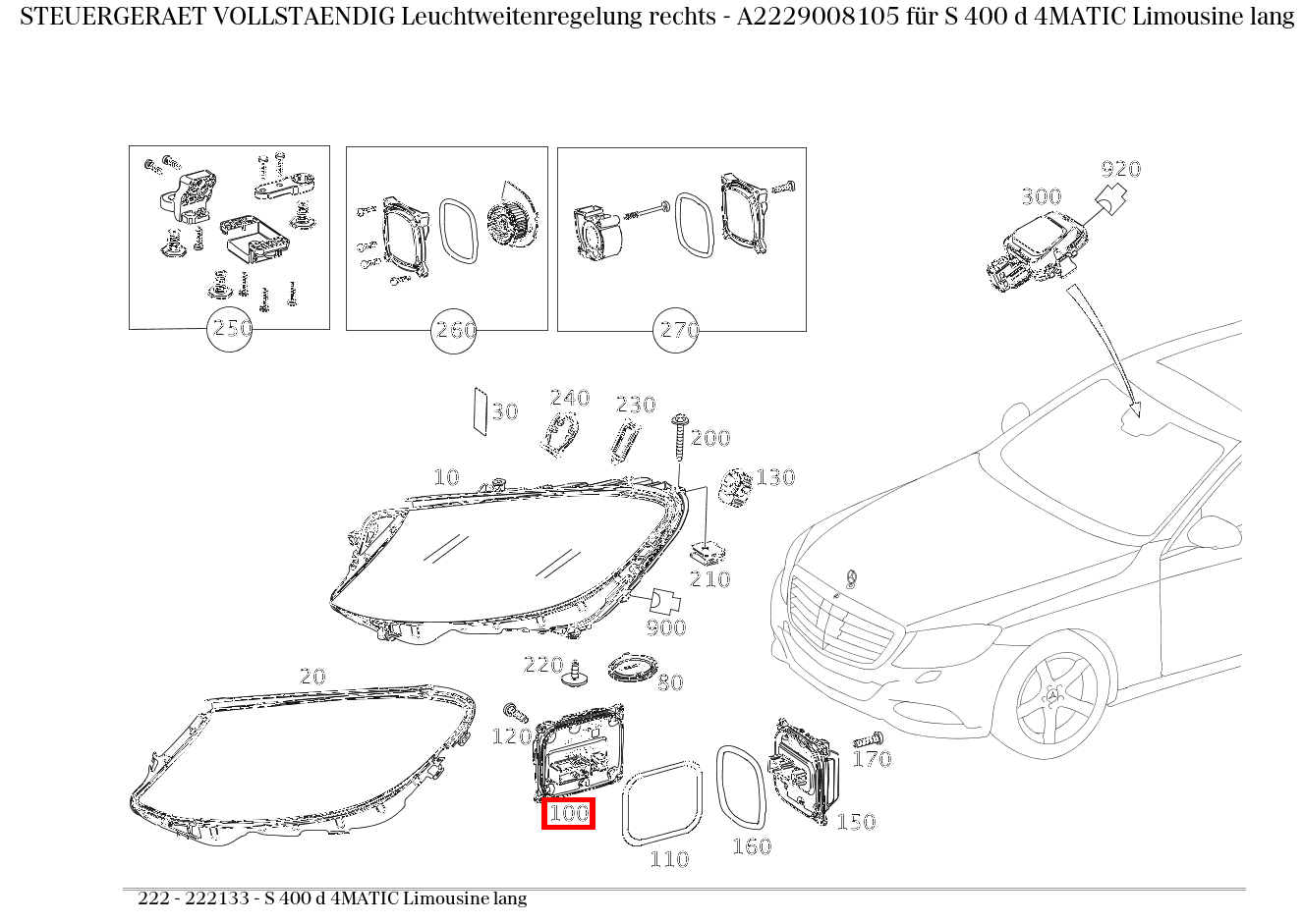 Steuergerät vollständig Leuchtweitenregelung rechts S 400 d 4MATIC Limousine lang 222