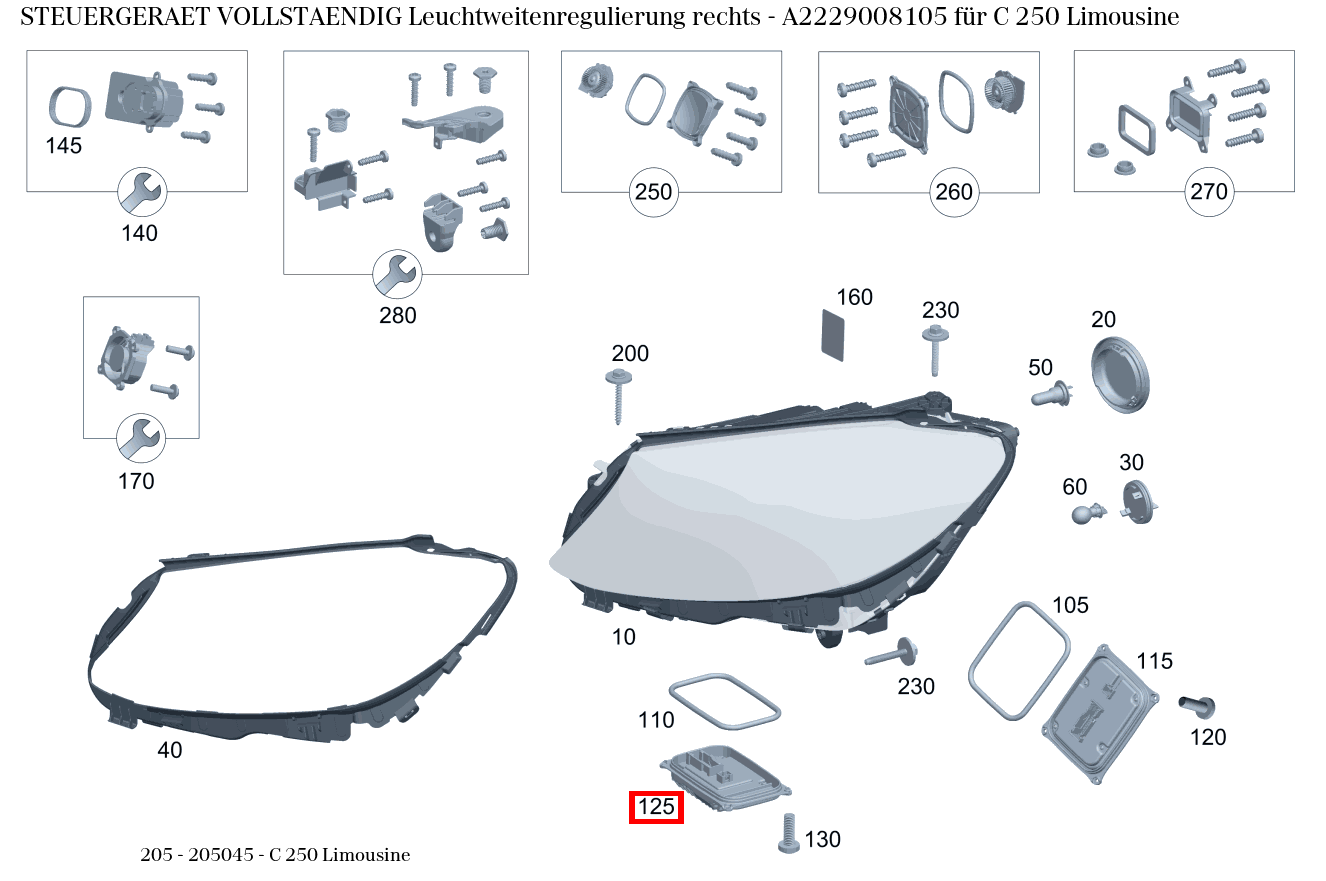 Steuergerät vollständig Leuchtweitenregulierung rechts C 250 Limousine 205