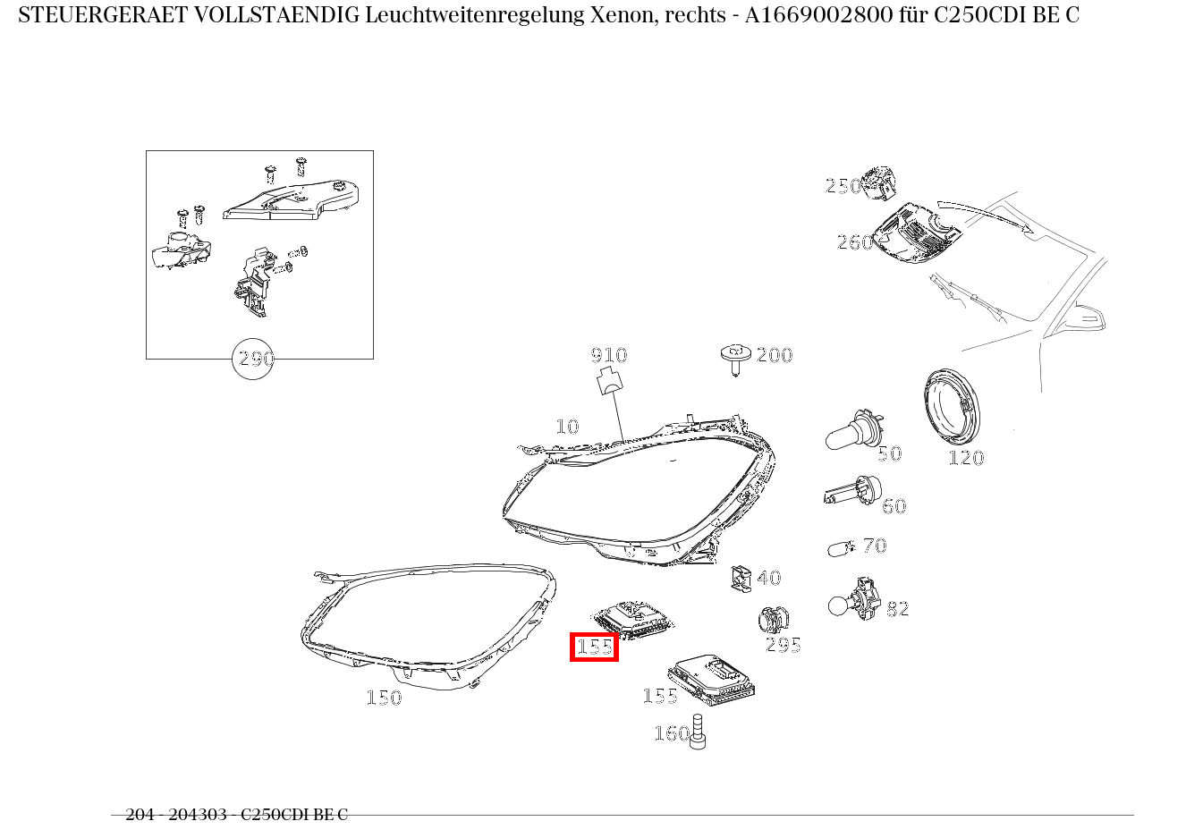 Steuergerät vollständig Leuchtweitenregelung Xenon, rechts C250CDI BE C 204