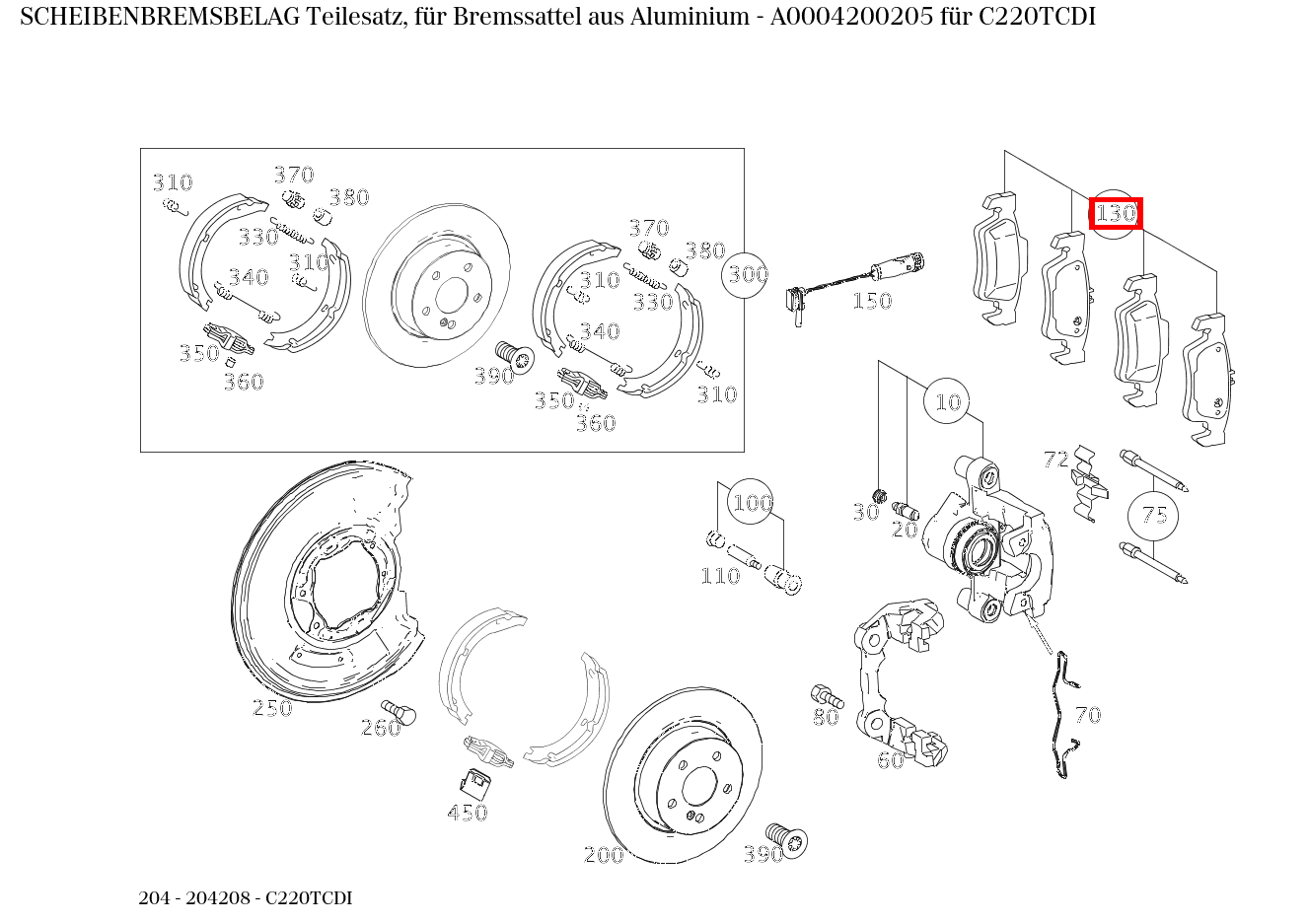 Scheibenbremsbelag Teilesatz, für Bremssattel aus Aluminium C220TCDI 204 Scheibenbremsbelag Teilesatz, für Bremssattel aus Aluminium C220TCDI 204