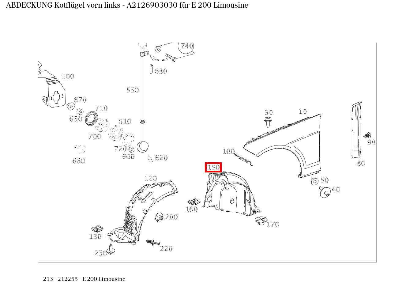 Abdeckung Kotflügel vorn links E 200 Limousine 213