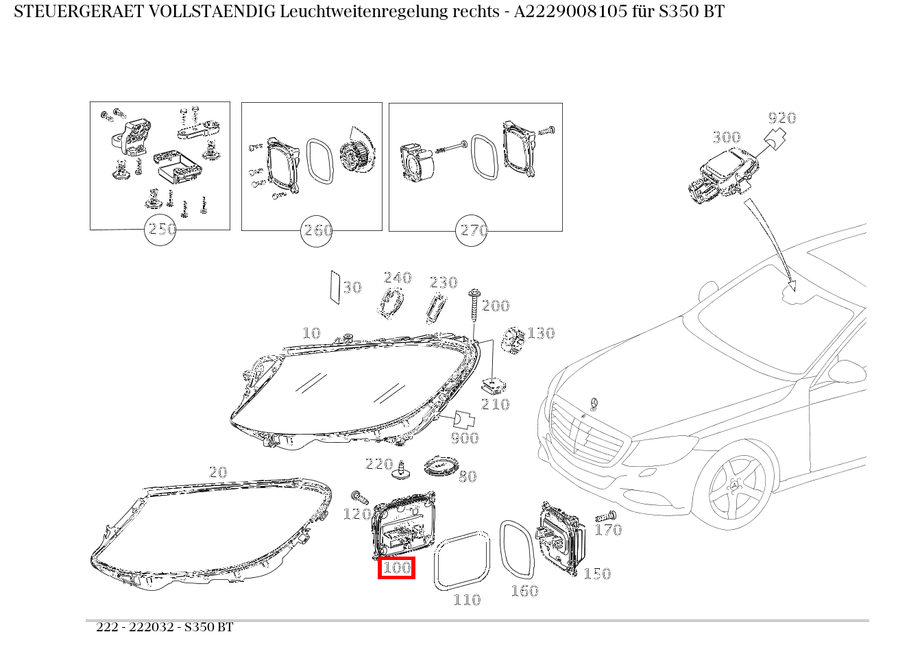 Steuergerät vollständig Leuchtweitenregelung rechts S350 BT 222