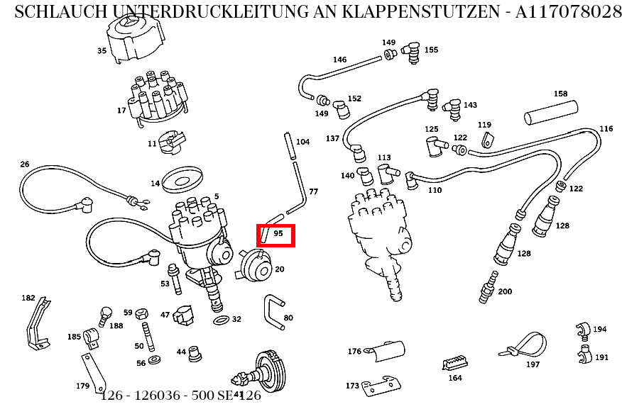 Schlauch UNTERDRUCKLEITUNG AN KLAPPENSTUTZEN 500 SE-126 126 Schlauch UNTERDRUCKLEITUNG AN KLAPPENSTUTZEN 500 SE-126 126