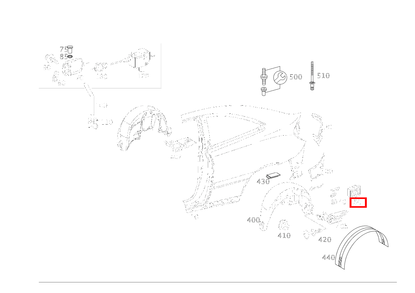 Klappe ENTLUEFTUNG AN HINTERKOTFLUEGEL IM BEREICH STOSSFAENGER RECHTS C 320 Sportcoupé 203