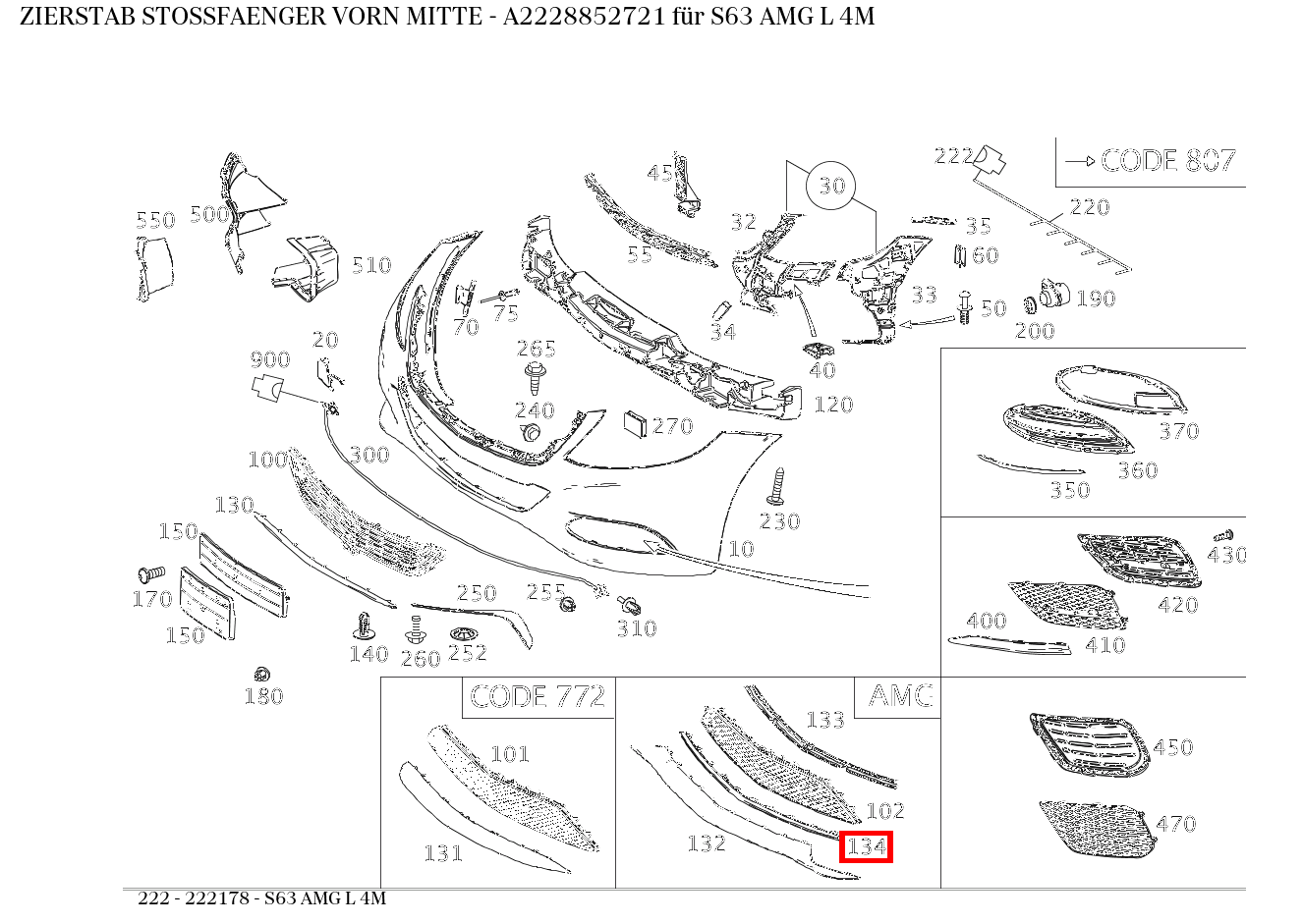 Zierstab STOSSFAENGER VORN MITTE S63 AMG L 4M 222 Zierstab STOSSFAENGER VORN MITTE S63 AMG L 4M 222
