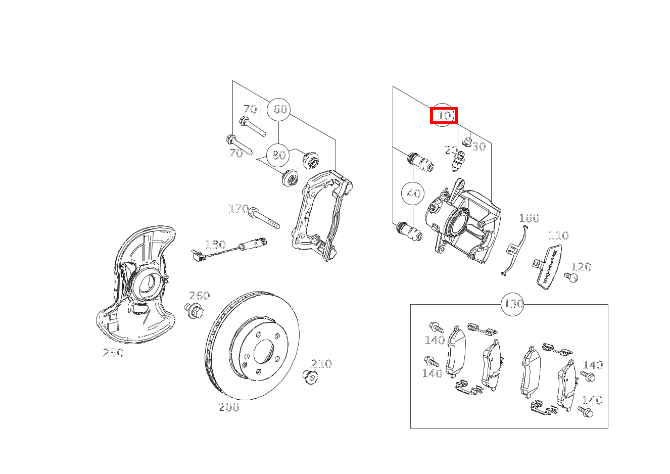 Bremssattel Teilesatz links mit Führungshülse E 350 d Cabriolet 253 Bremssattel Teilesatz links mit Führungshülse E 350 d Cabriolet 253