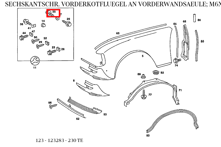 Sechskantschraube VORDERKOTFLUEGEL AN VORDERWANDSAEULE; M6X20 230 TE 123