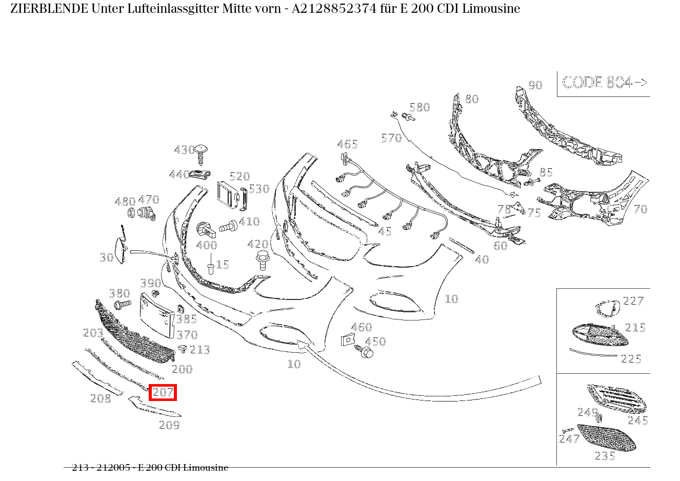 Zierblende Unter Lufteinlassgitter Mitte vorn E 200 CDI Limousine 213 Zierblende Unter Lufteinlassgitter Mitte vorn E 200 CDI Limousine 213